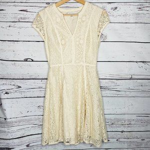 LC Lauren Conrad Dress Womens 2 Lace Ivory Cotton Knit Fit Flare Mini Sleeves